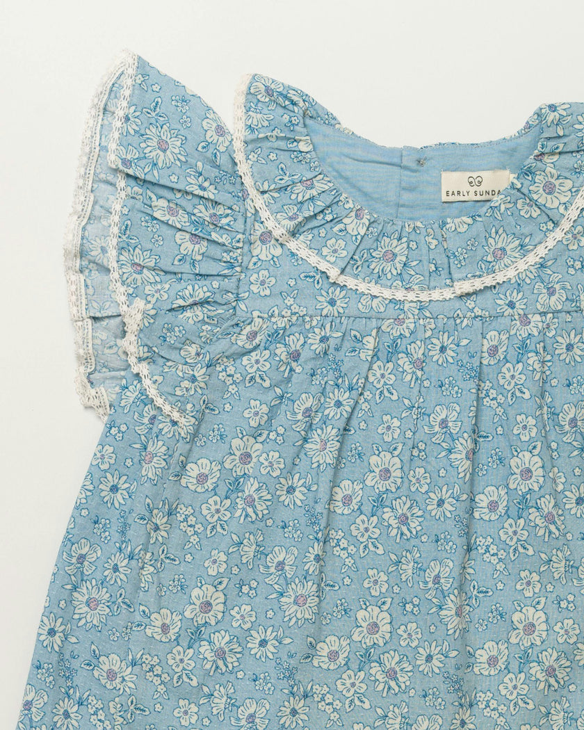 Vicky Baby Dress & Bloomer Set - Tonal floral blue print