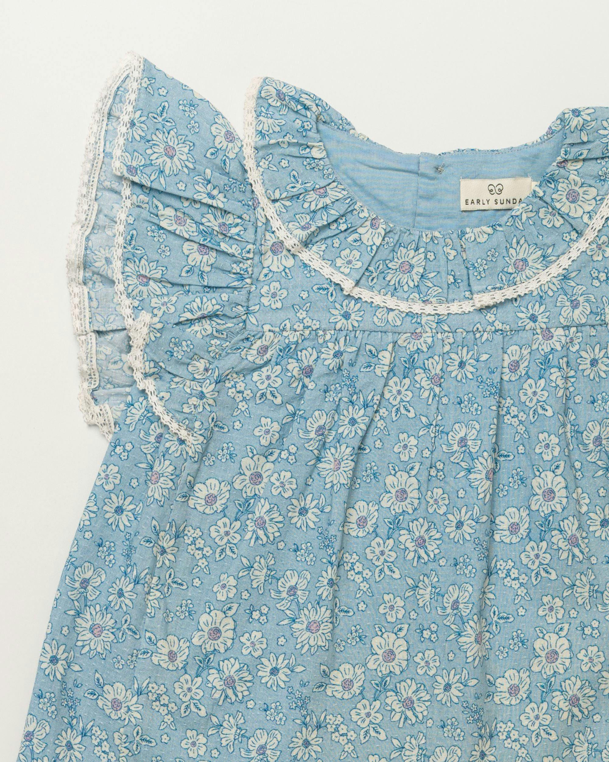 Vicky Baby Dress & Bloomer Set - Tonal floral blue print