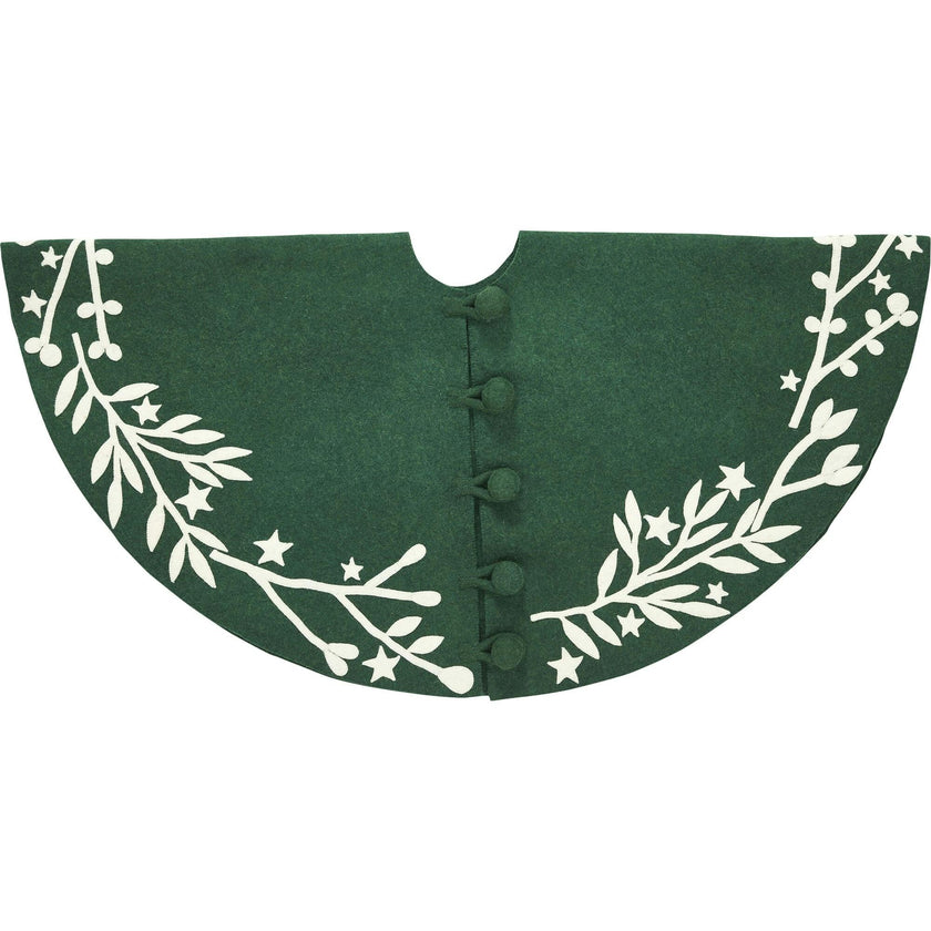 Handmade Felt Cream Branches and Stars Green Christmas Tree Skirt 60"