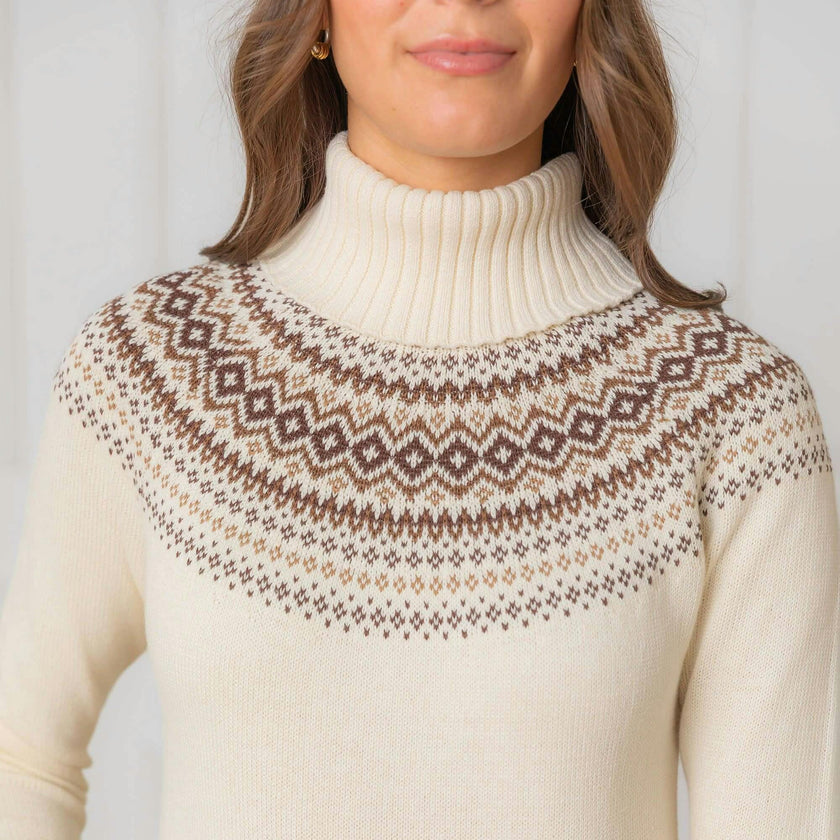 Organic Long Sleeve Turtleneck Intarsia Sweater Dress, White