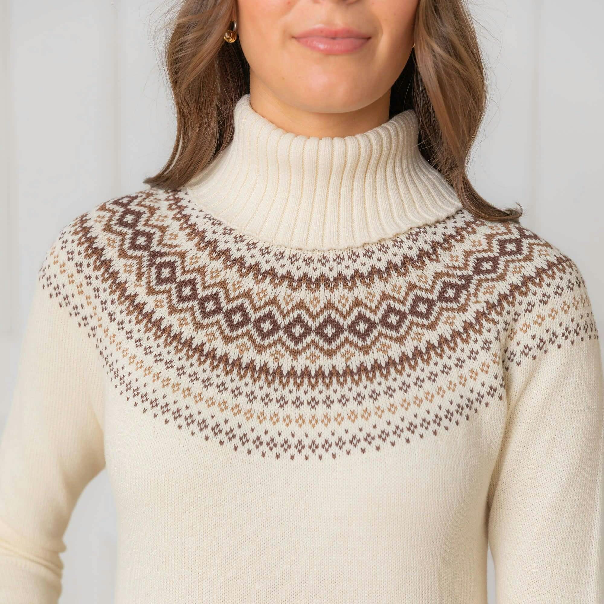 Organic Long Sleeve Turtleneck Intarsia Sweater Dress, White