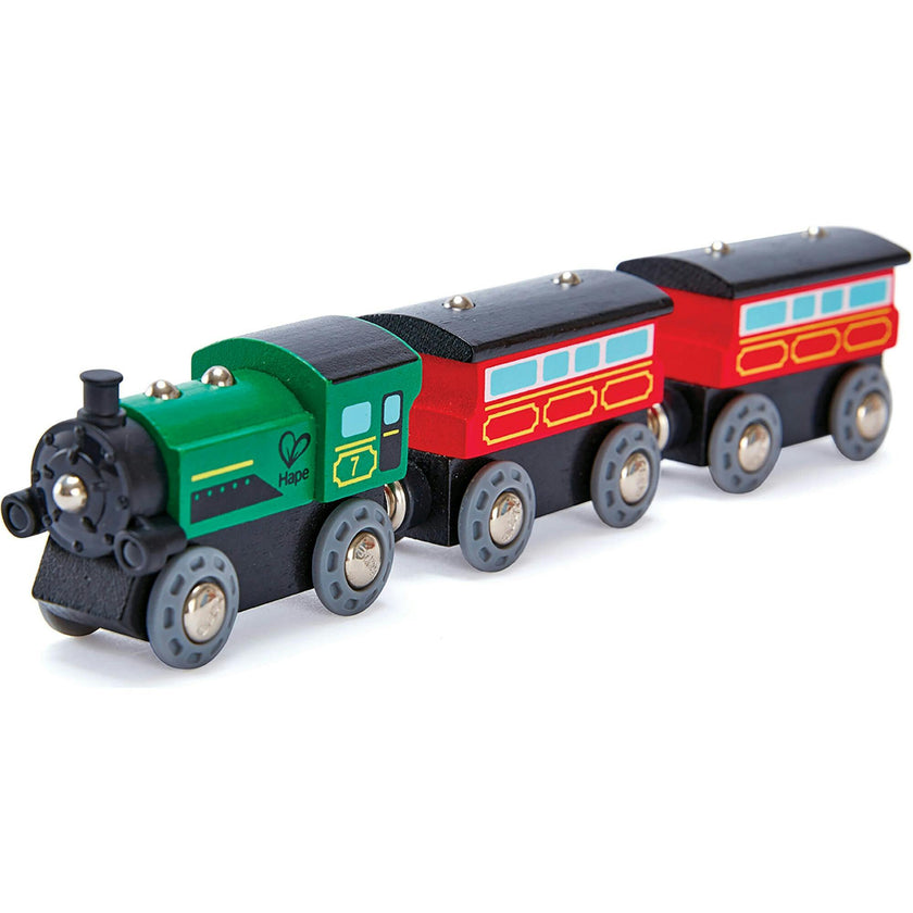 Hape: Steam-Era Passenger Train&nbsp;- Green & Red - 3pc Wooden Locomotive Toy