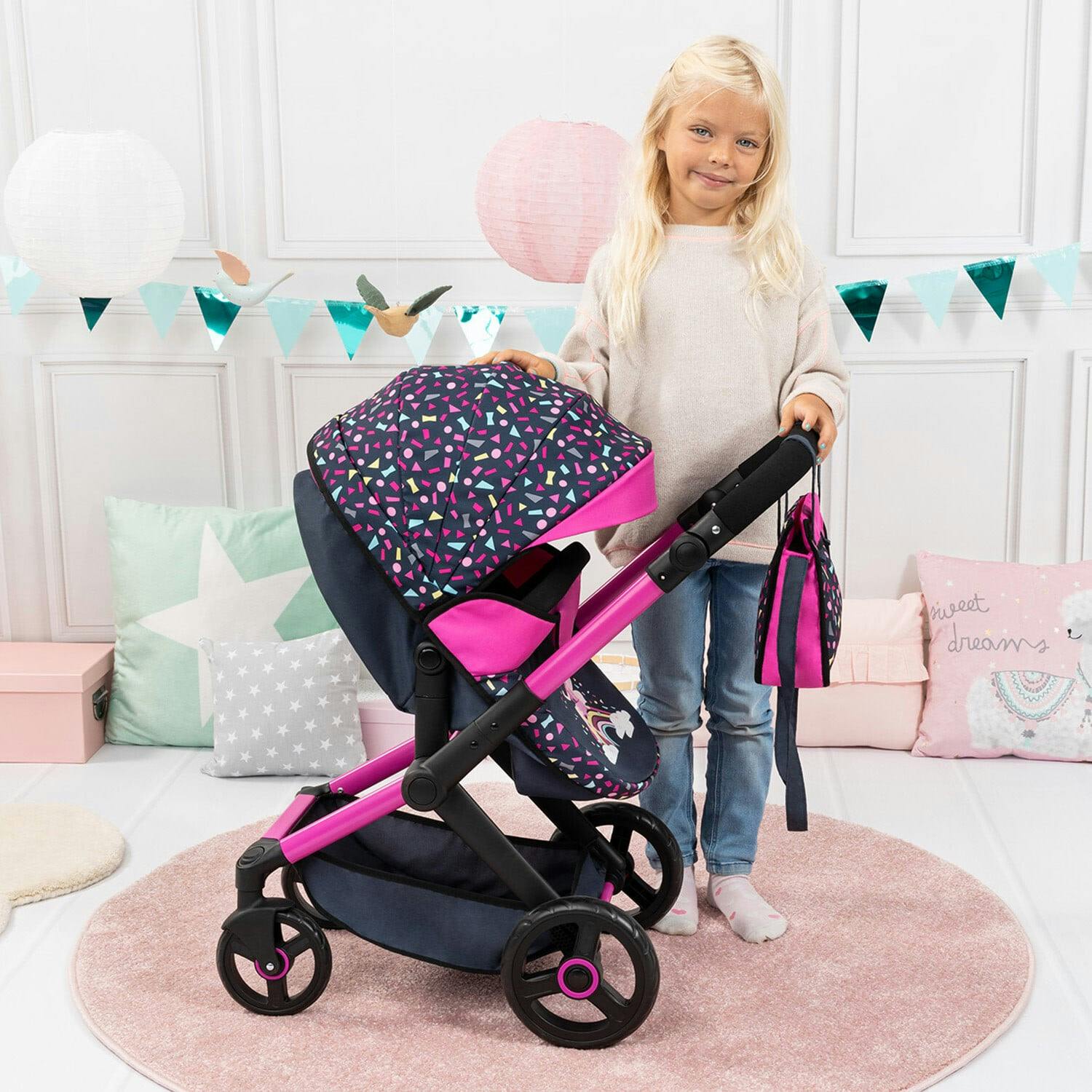 Bayer Design Dolls: Pram Xeo - Shapes Navy & Pink