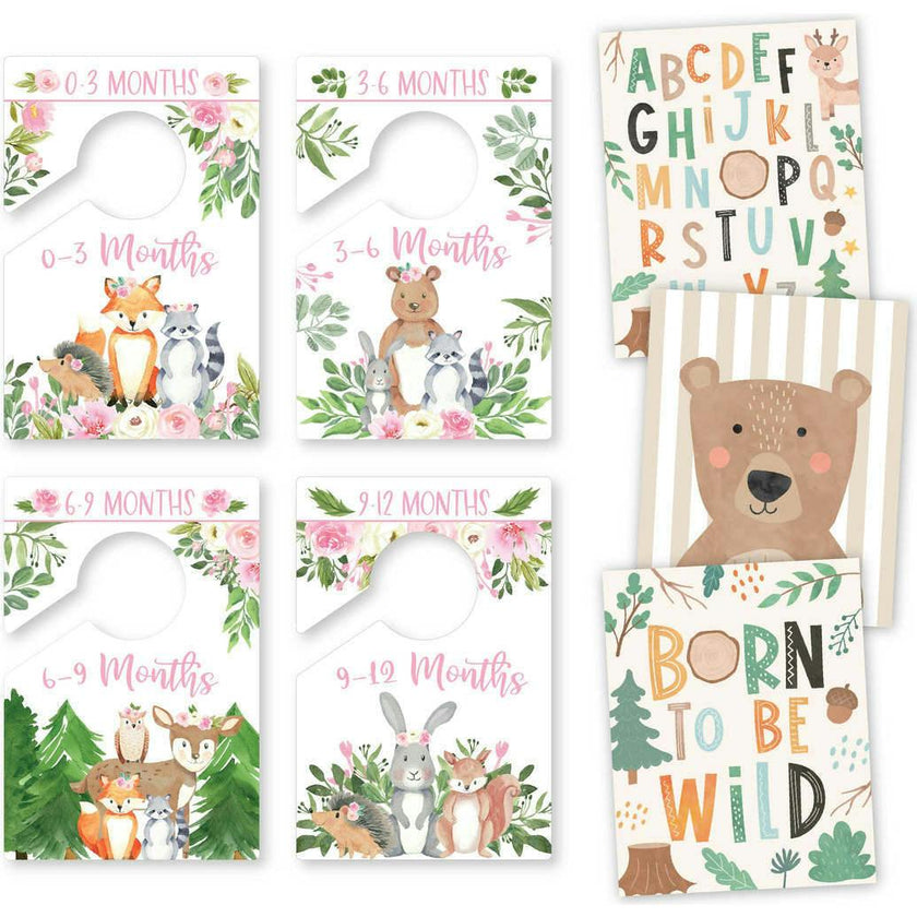 6-Piece Woodland Girl Baby Closet Dividers & 6-Piece Nursery Wall Art Prints Baby Shower Gift