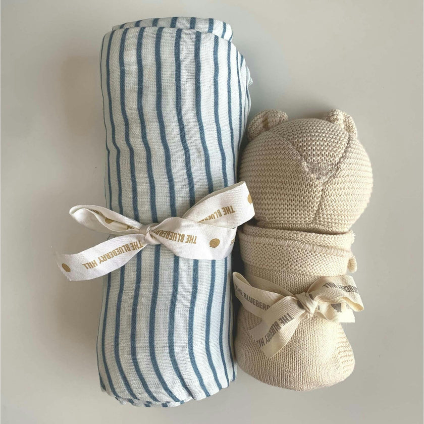 Blue Stripe Swaddle and Lovey Set - Cream Bear