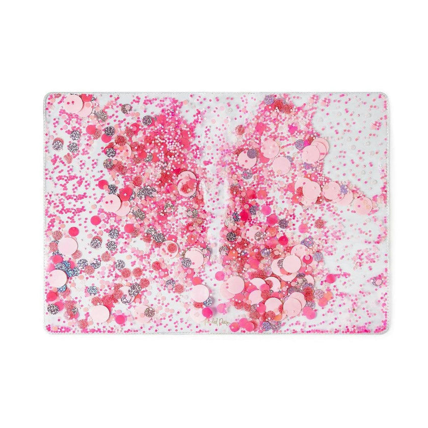 Packed Party Work Party Confetti Multi-Use Desk Mat - 13x18 Inch Clear Vinyl Pink Confetti Desk Mat with Gold Foil Detail for Desks and Keyboards