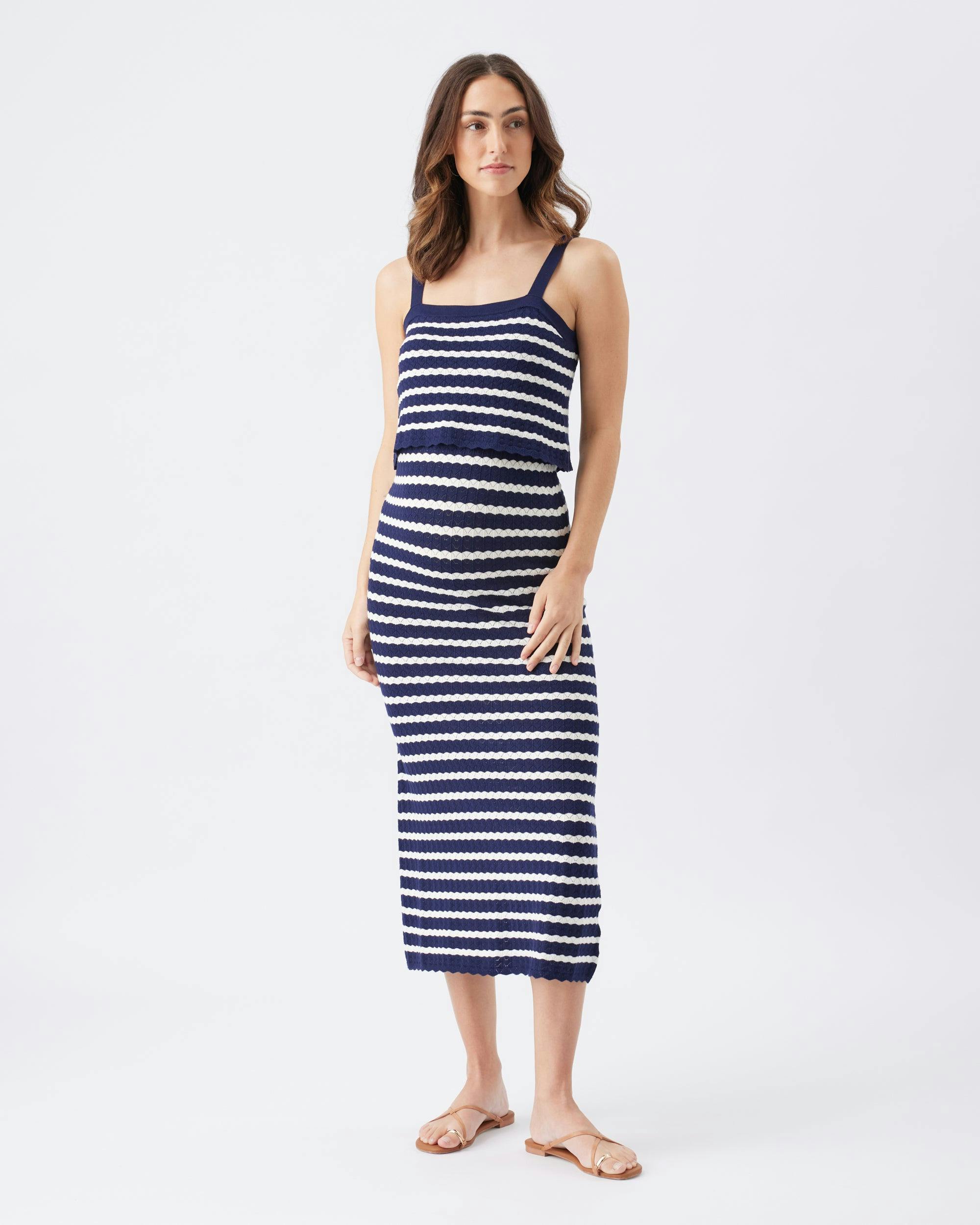 Pointelle Knit Nursing Dress  Navy / White