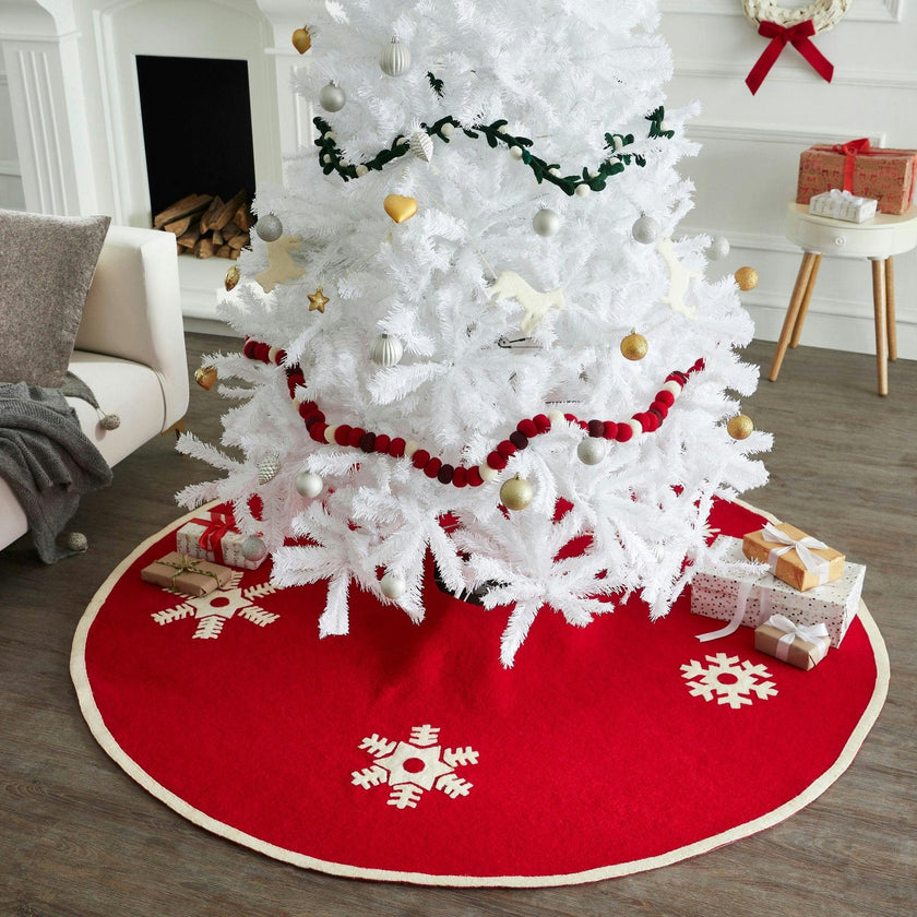 Handmade Snowflakes Red Christmas Tree Skirt Felt 60" / 72"