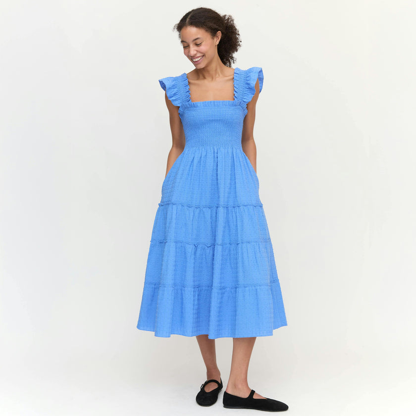 The Ellie Nap Dress - Hydrangea Blue Textured Clip Dot Maisonette The Ellie Nap Dress - Hydrangea Blue Textured Clip Dot Maisonette