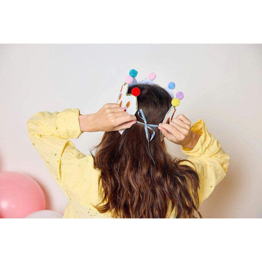 Packed Party Birthday Wishes Reusable Glitter Pom Pom Crown - Metallic Fabric Birthday Candle Crown with Multicolor Poms and Adjustable Satin Ties