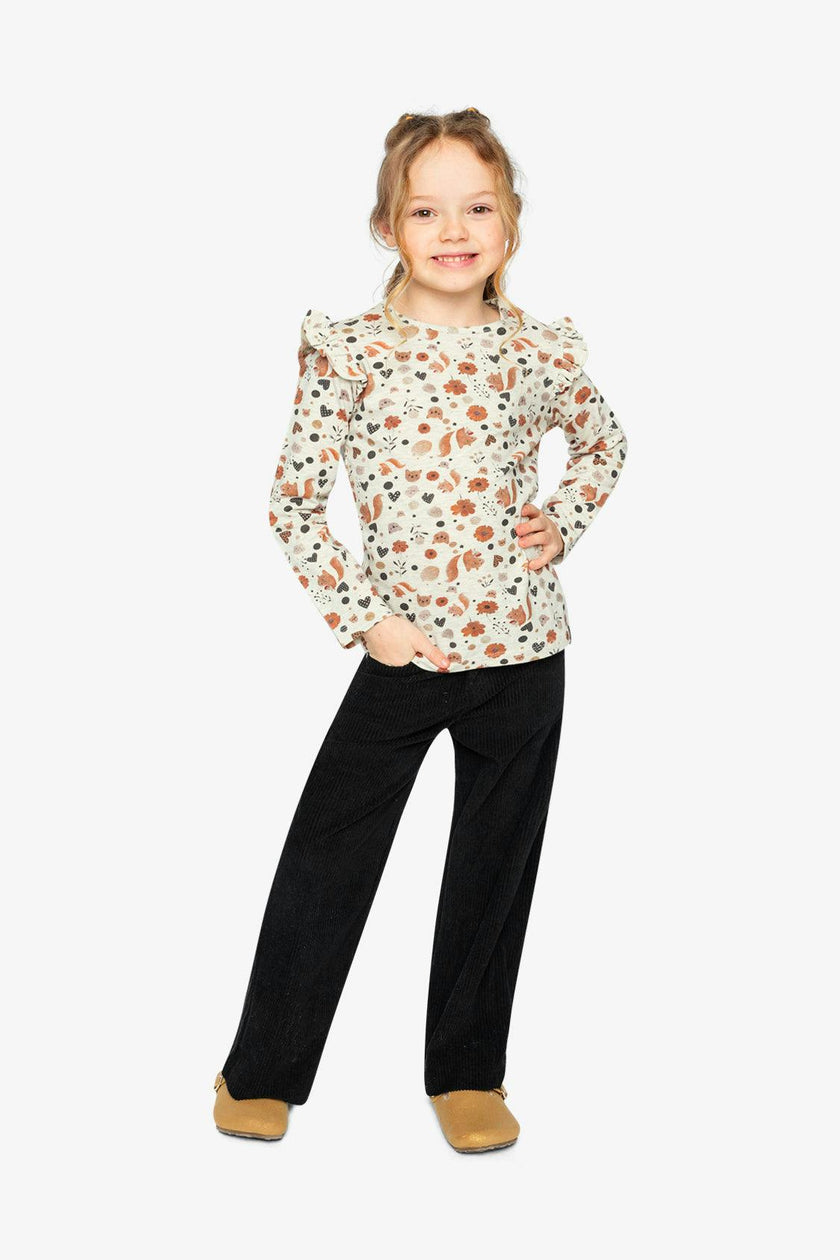 Long Sleeve Organic Cotton T-Shirt Beige With Squirrel Print