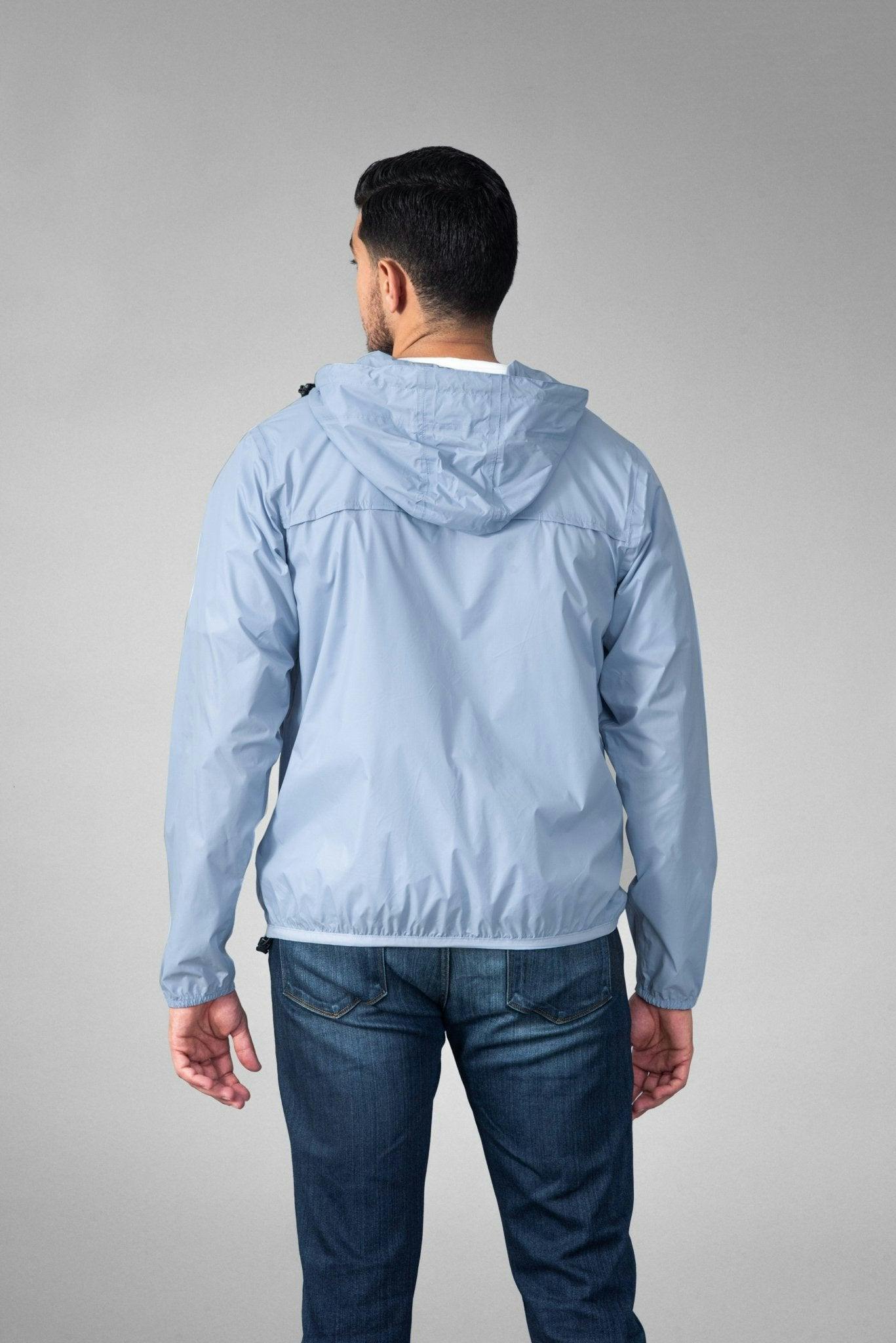 Powder blue full zip packable rain jacket and windbreaker