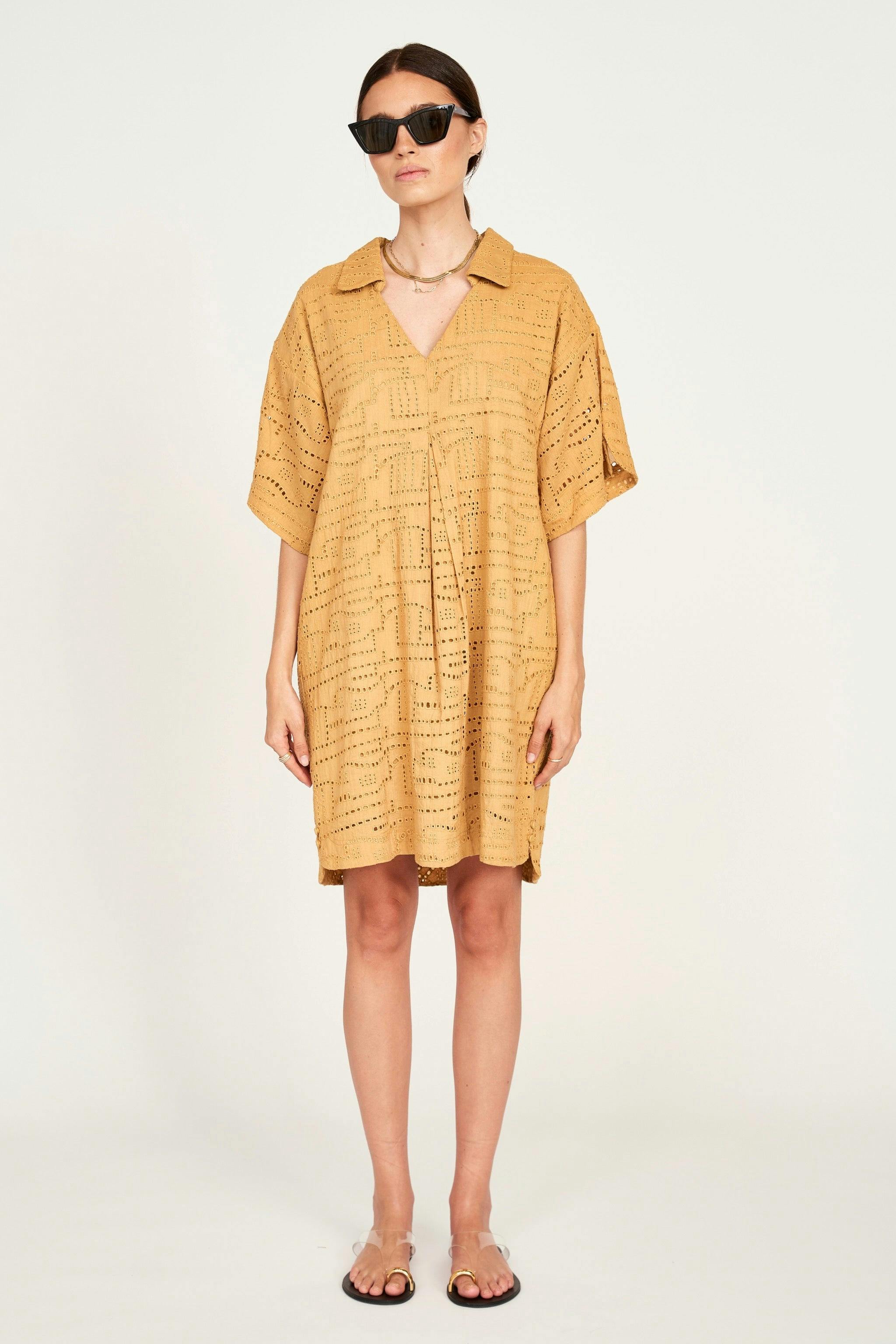 Lanai Popover Dress in Golden Eyelet