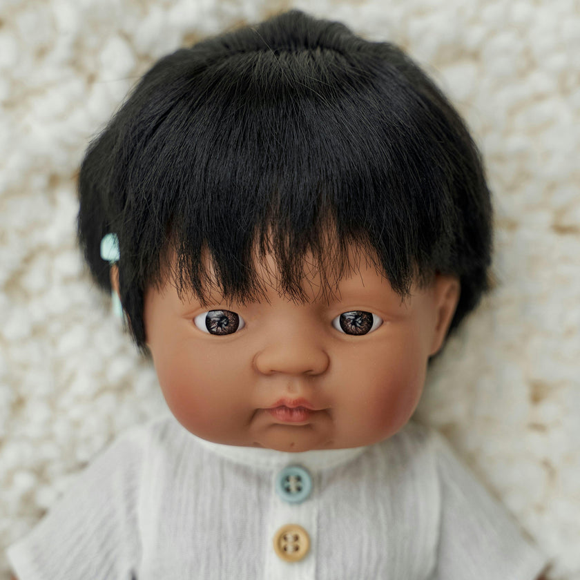 Hispanic Boy Baby Doll with Black Hair and Hearing Aid - 15"