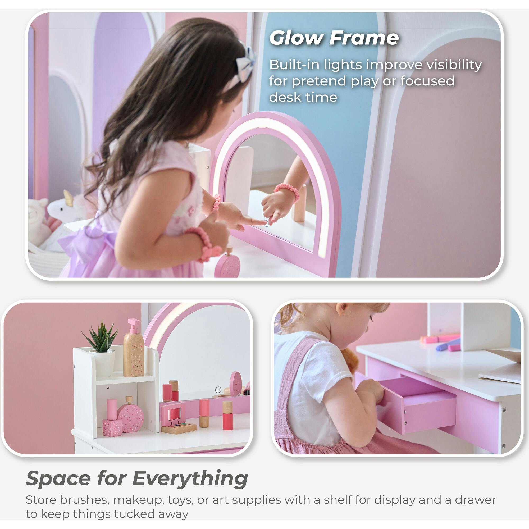 Rosé Shine Wood Vanity & Desk with LED Mirror & Stool