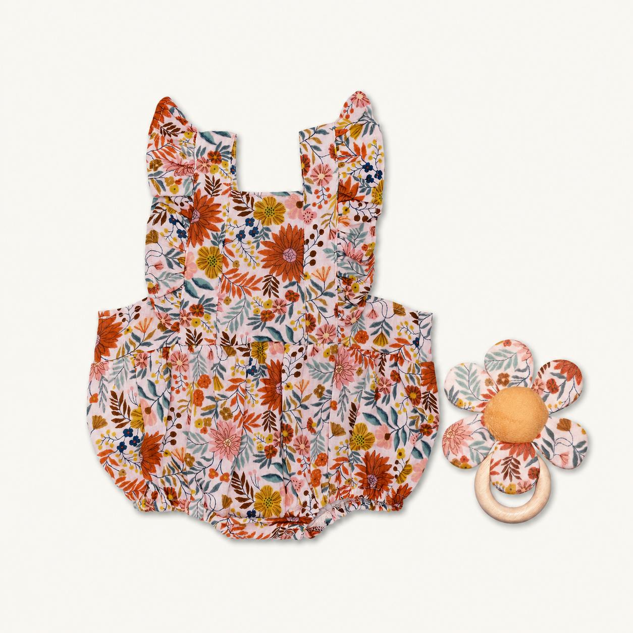 Muslin Bubble Romper + Flower Teether Set - Zinnia Bloom