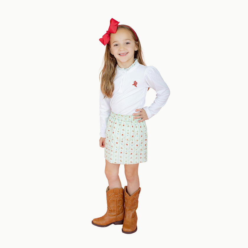 Ruffle Trim Long Sleeve Tee in White/Rodeo