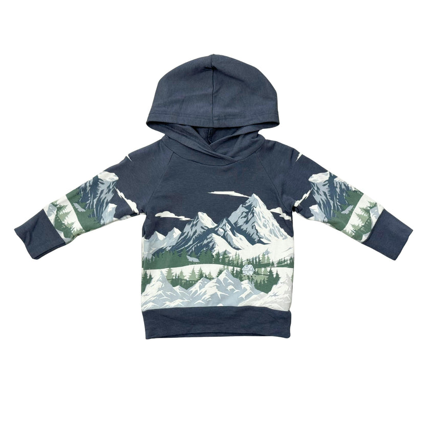 Boys Scenic Raglan Hoodie in Mountains on Nightfall Blue