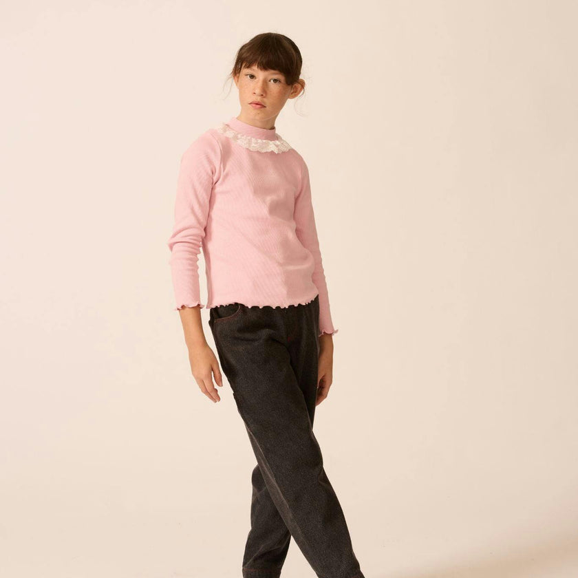Ribbed Mock Neck with Lace Collar in Rhapsody Rose
