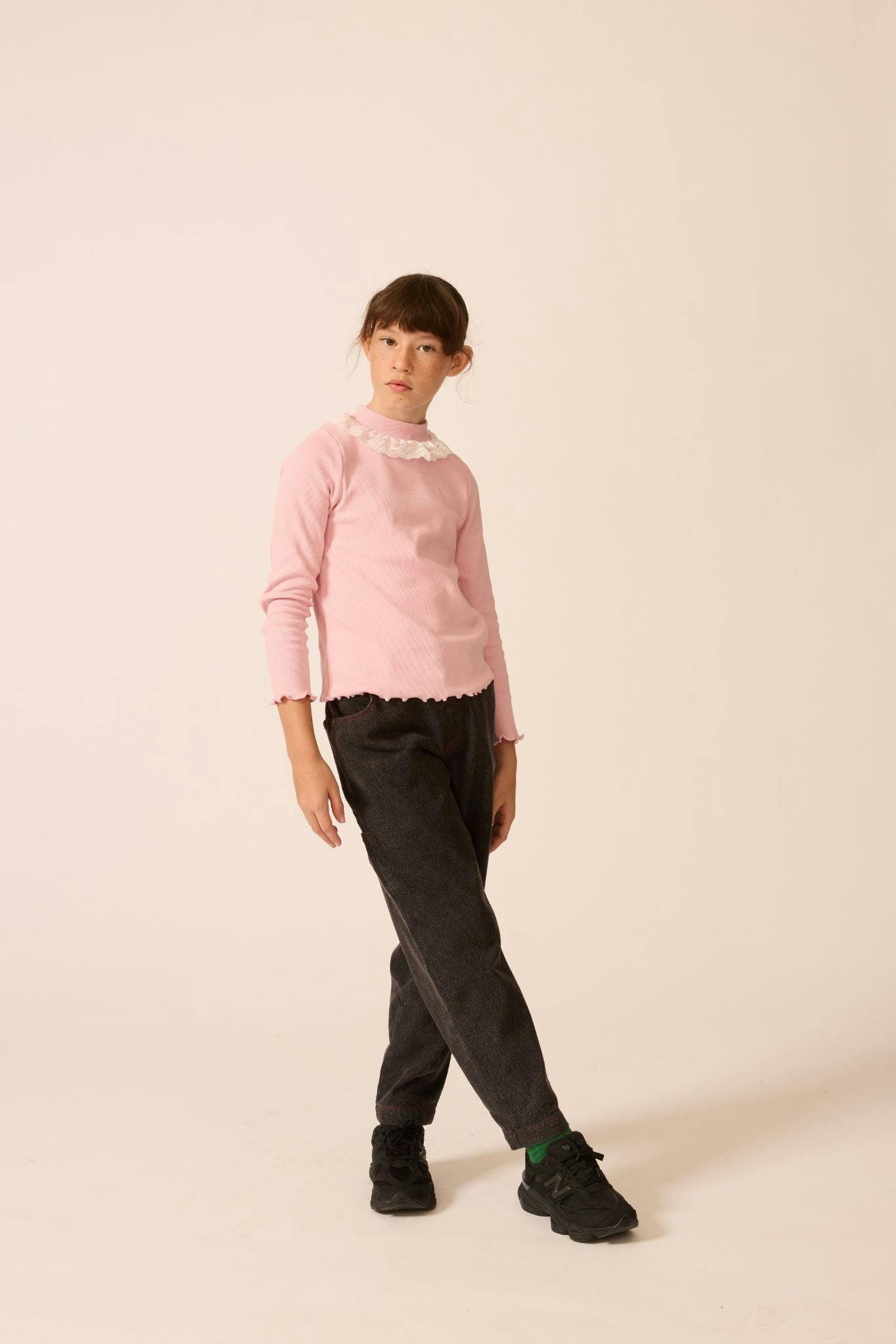 Ribbed Mock Neck with Lace Collar in Rhapsody Rose