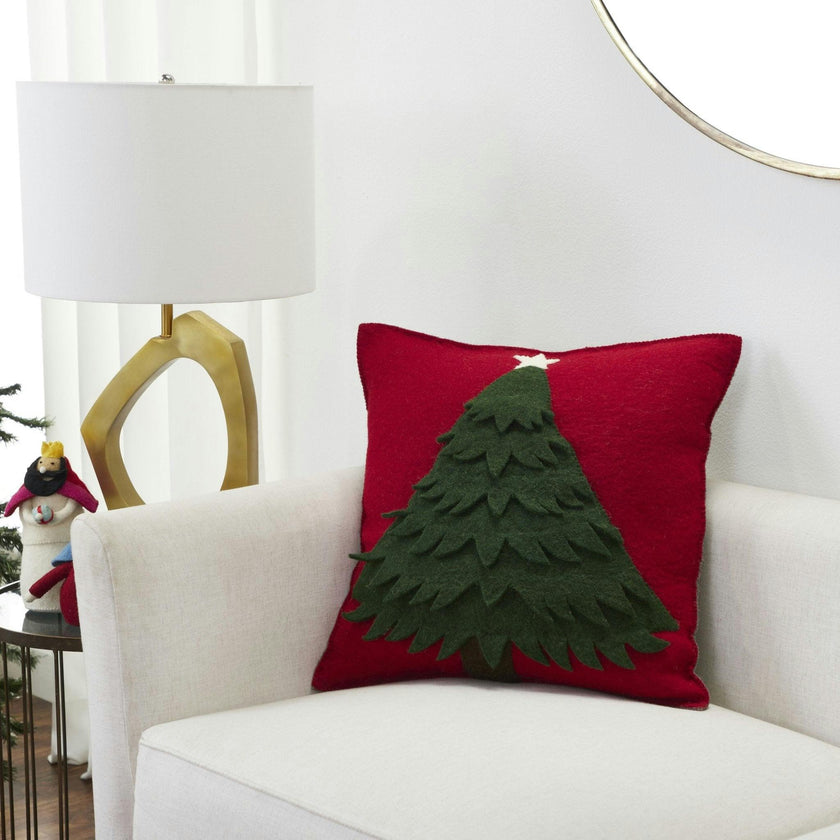 Handmade Christmas Pillow Hand Felted Wool - Tree Red - 20" / 14" Arcadia Home