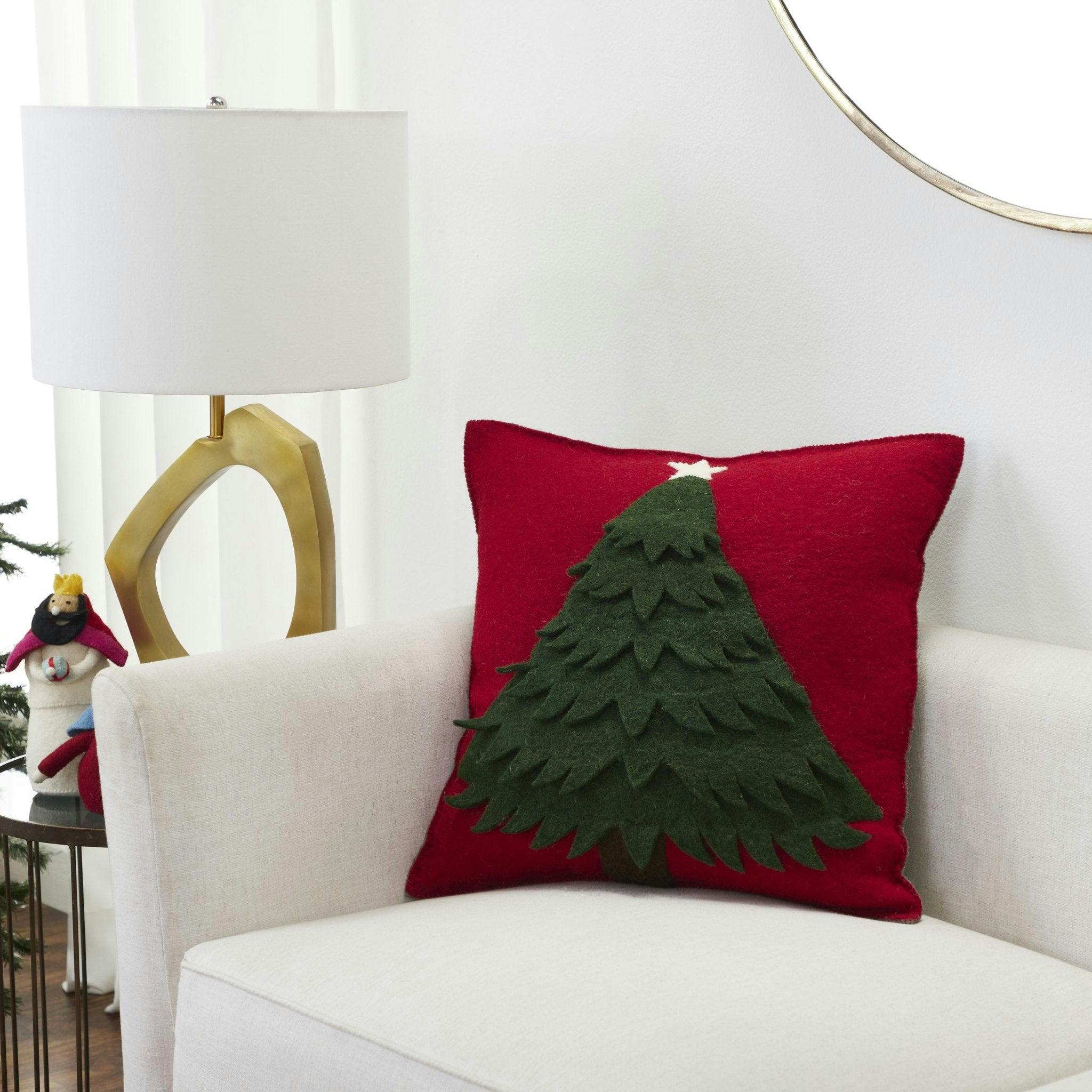 Handmade Christmas Pillow Hand Felted Wool - Tree Red - 20