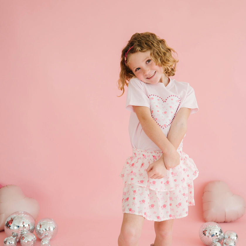 Dainty Rose Pearl Heart Patch Short Sleeve T-Shirt