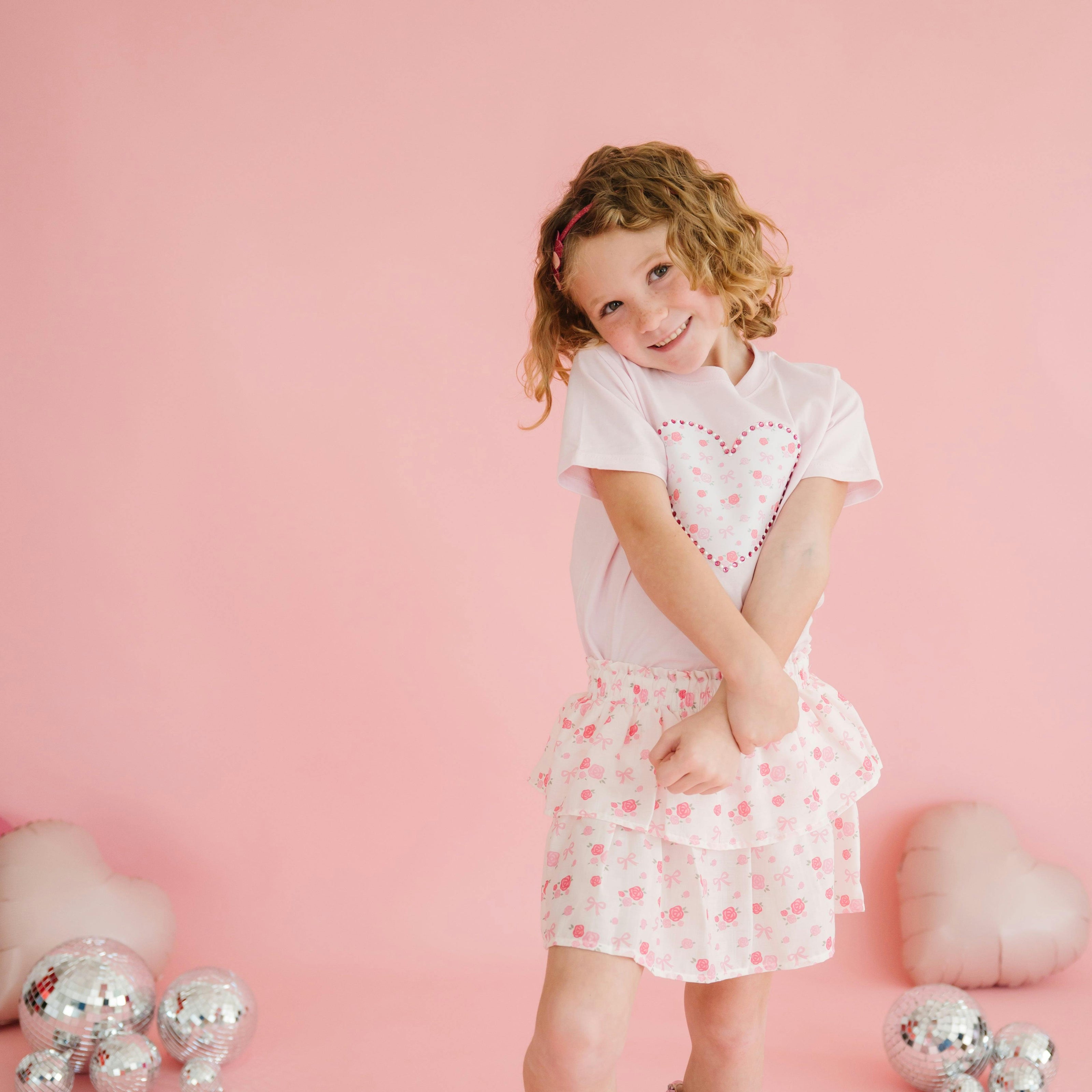 Dainty Rose Pearl Heart Patch Short Sleeve T-Shirt