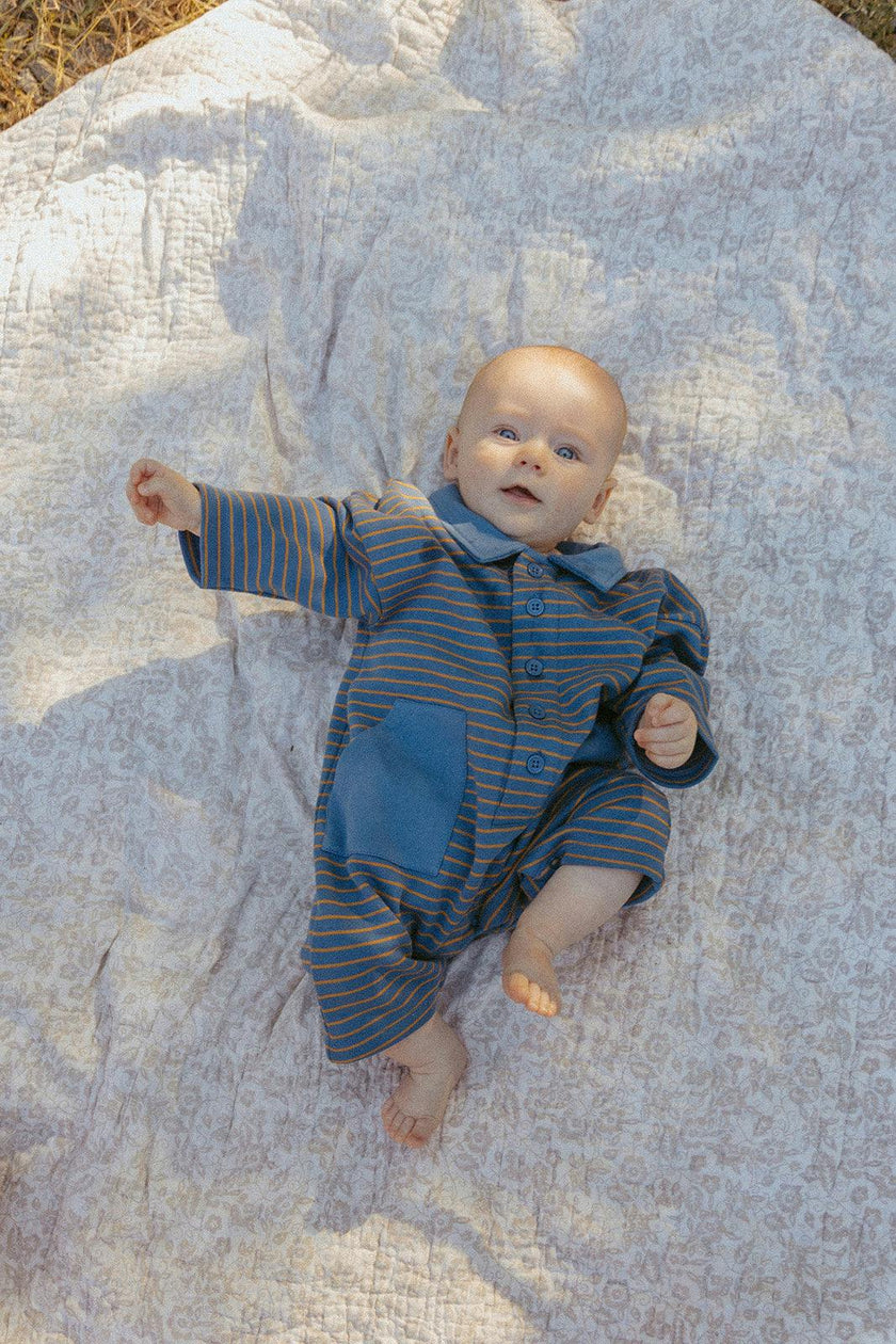 Scottie Romper in Thin Stone Blue Mustard Stripe