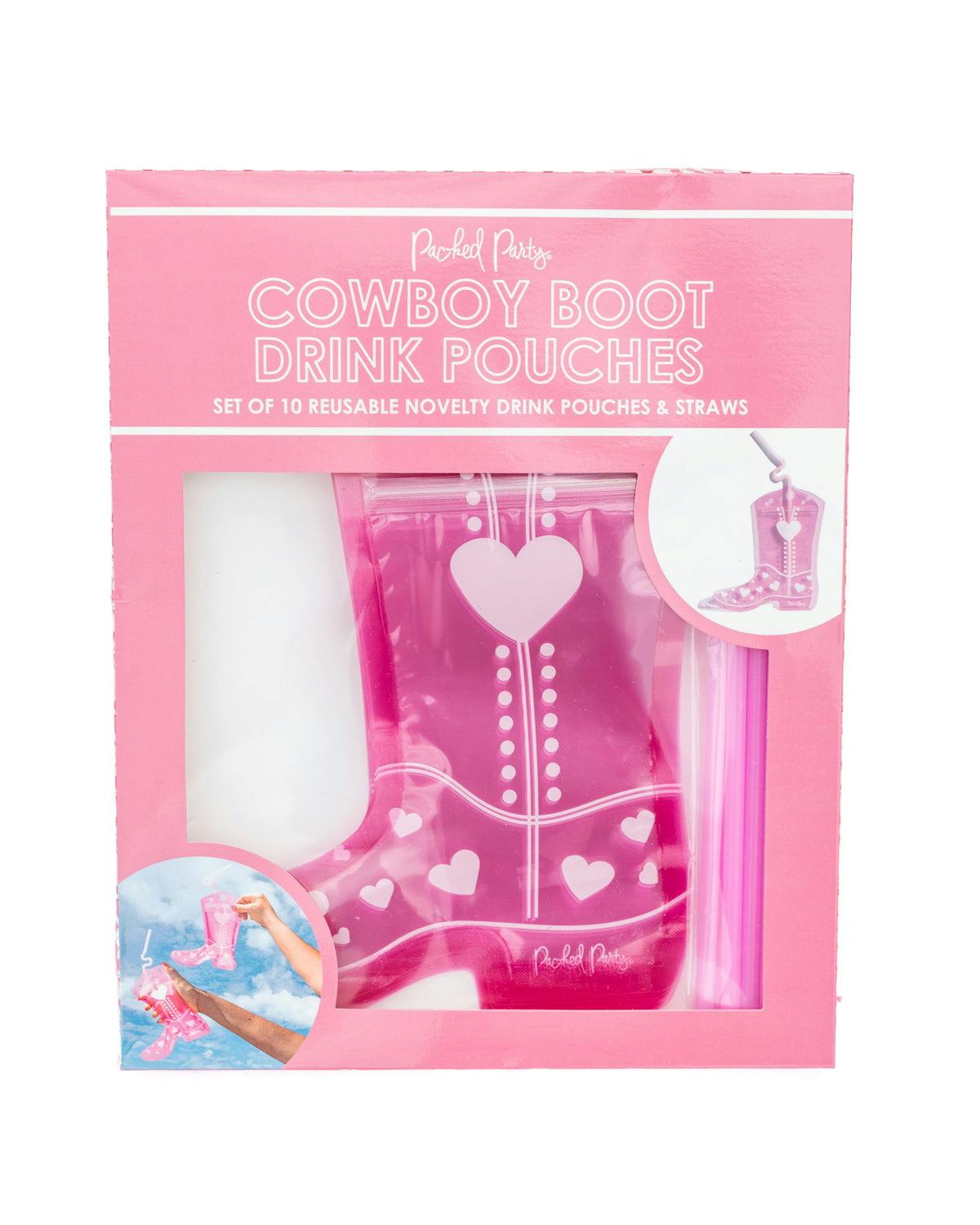 Packed Party Valentine Cowboy Boot Drink Pouches Set of 10 - Heart-Studded Boot-Shaped Reusable Drink Bags with Bendy Straws, 8 oz BPA-Free, 8x7 Inch
