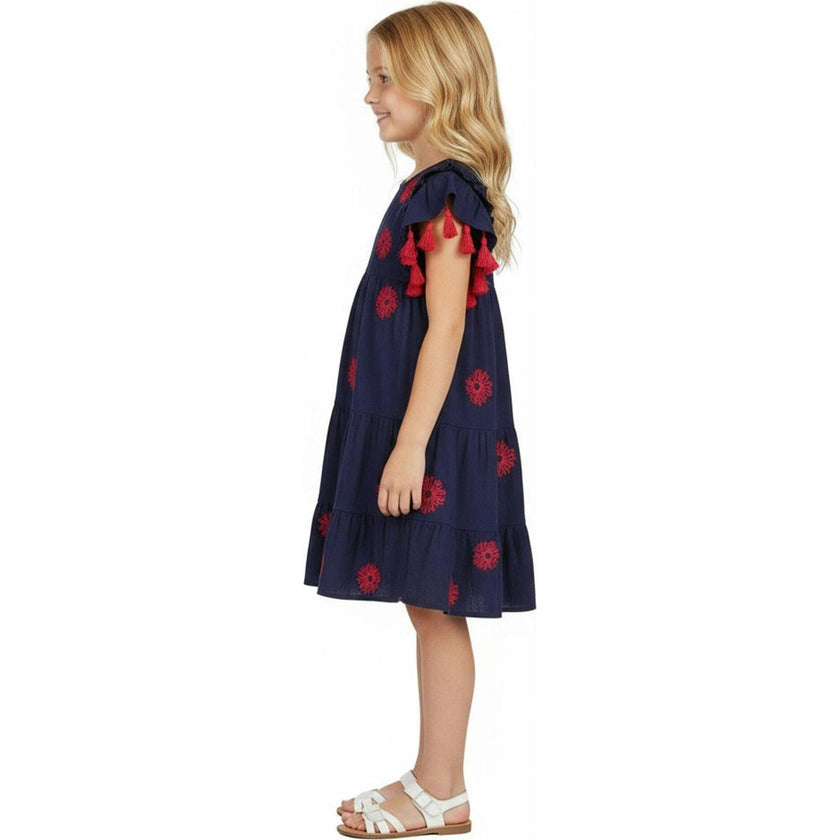 Sophie Girls Tassel Dress Navy Embroidery, Pink