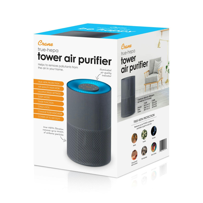 True-HEPA Tower Air Purifier with Air Quality Indicator and Child Lock, Up To 500 Sq Ft