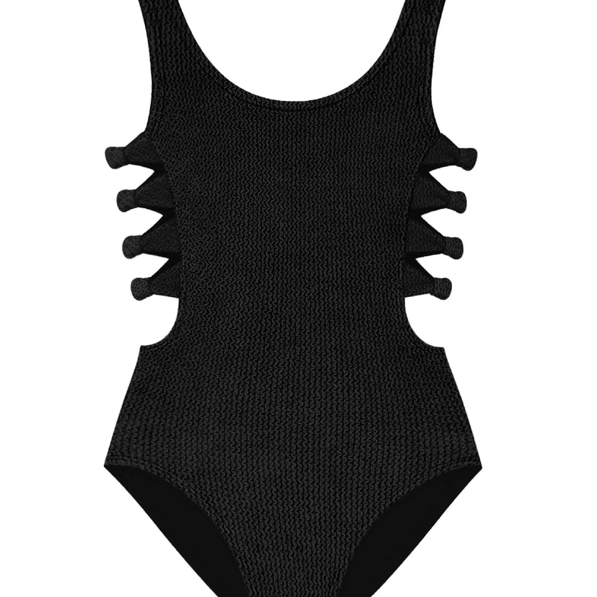 Layla Crinkle Black Bow Side Cutout One Piece Swimsuit - Juniors