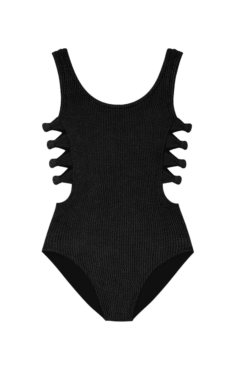 Layla Crinkle Black Bow Side Cutout One Piece Swimsuit - Juniors