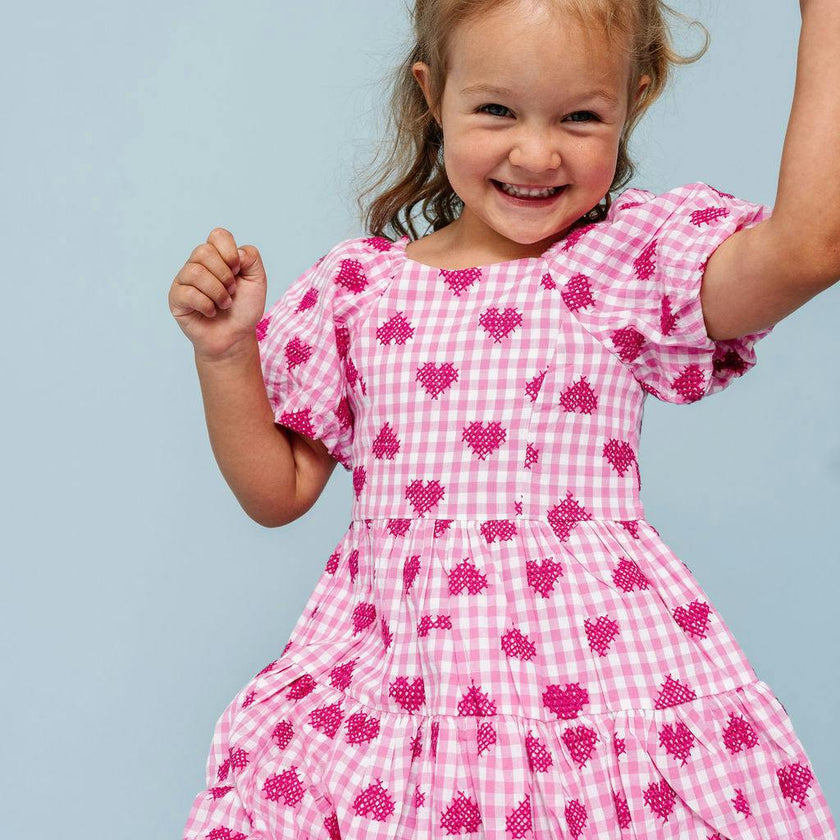 Pink Gingham Hearts Embroidery Girls Daphne Dress