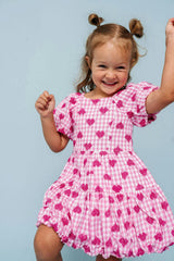 Pink Gingham Hearts Embroidery Girls Daphne Dress