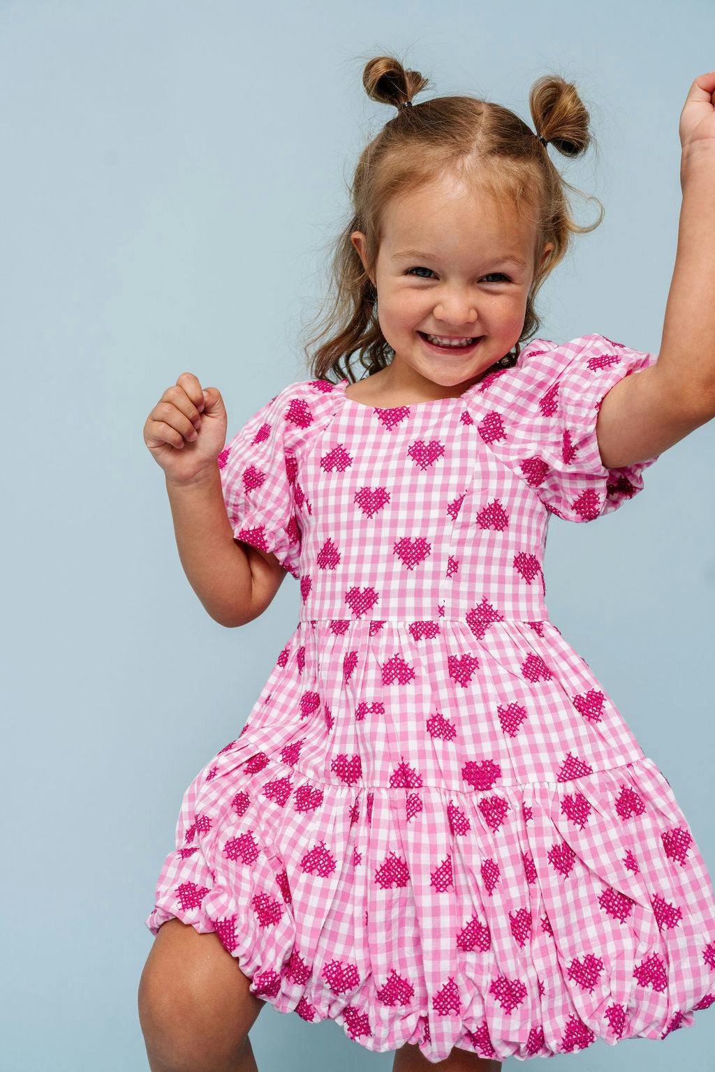 Pink Gingham Hearts Embroidery Girls Daphne Dress