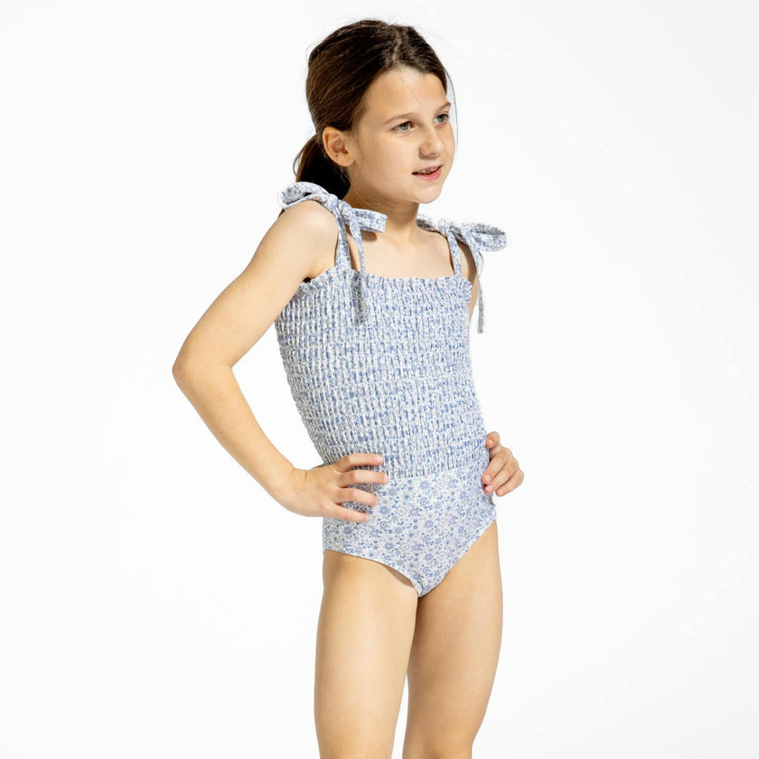 girls slate floral tie smocked one piece