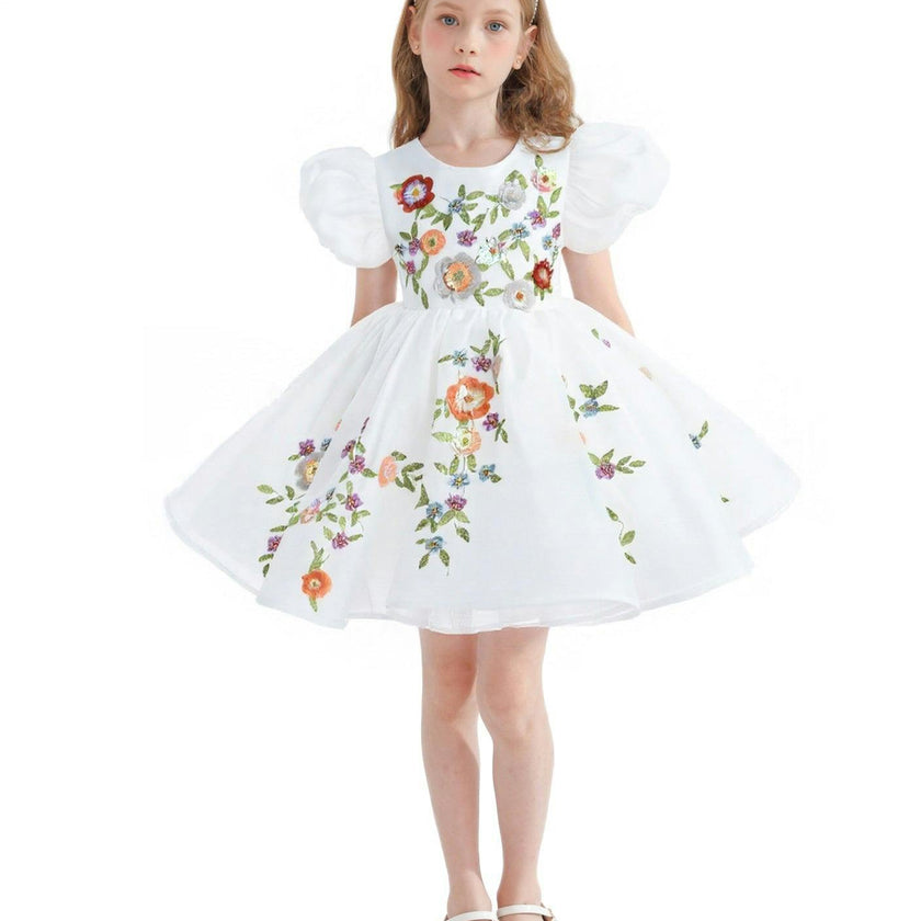 White Embroidered Puff Sleeve Dress