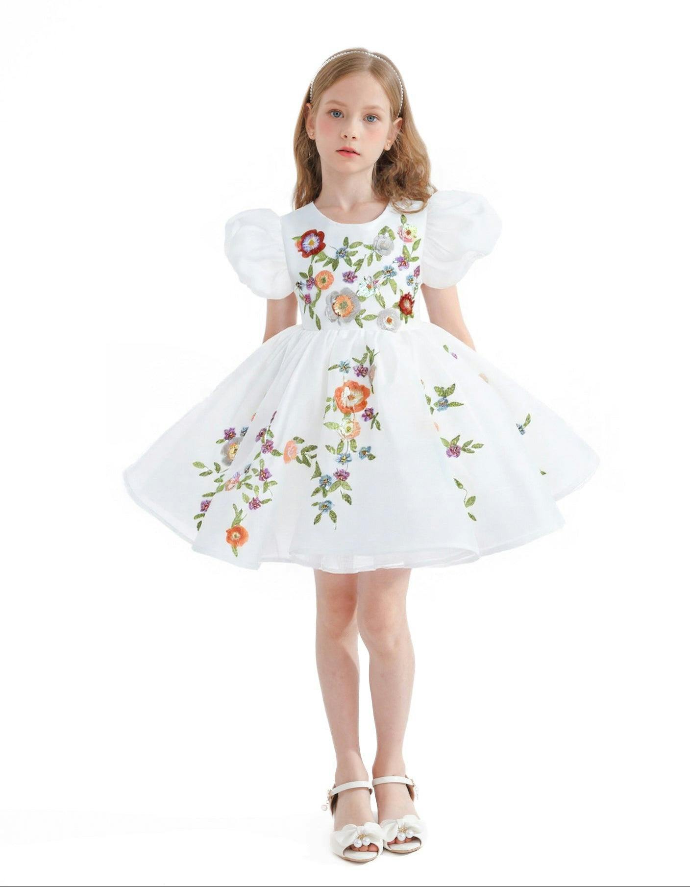 White Embroidered Puff Sleeve Dress