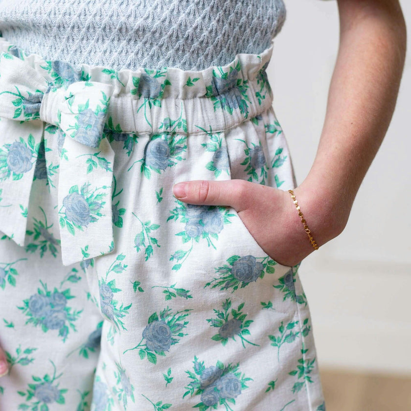 Pull-On Cinched Waist Linen Short, Blue