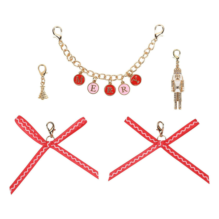 Packed Party Holiday Christmas Shoe Charm Set 5pc - Red Rickrack Bows, Gold Nutcracker, Tree Charm, and MERRY Letter Chain for Festive Sneakers
