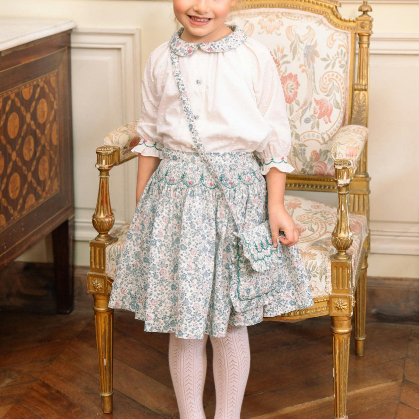 Marie Blue Floral Smocked Skirt Blouse Set
