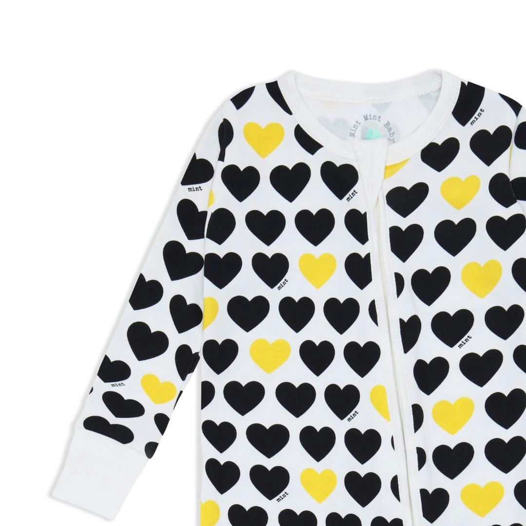 Black & Yellow Hearts Zip-up Baby Bodysuit