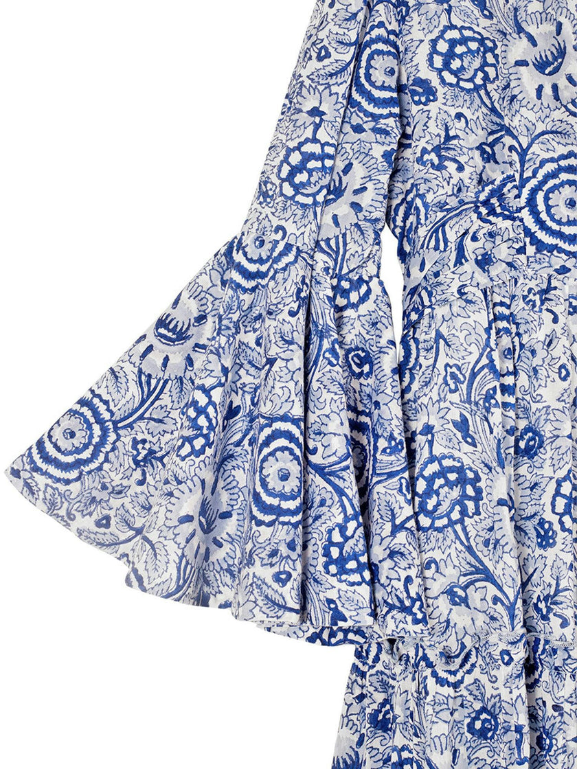 Block Printed Women's Dress - Blue Floral