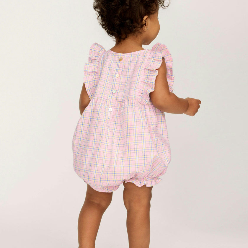 Baby's Twill Ruffled Romper in Peony Plaid