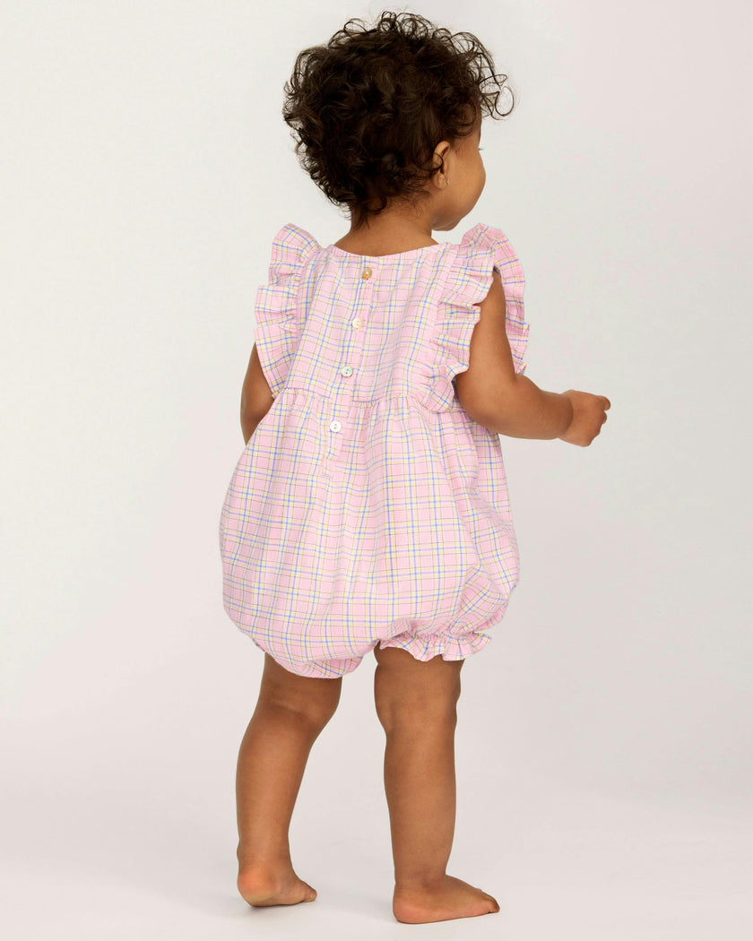 Baby's Twill Ruffled Romper in Peony Plaid