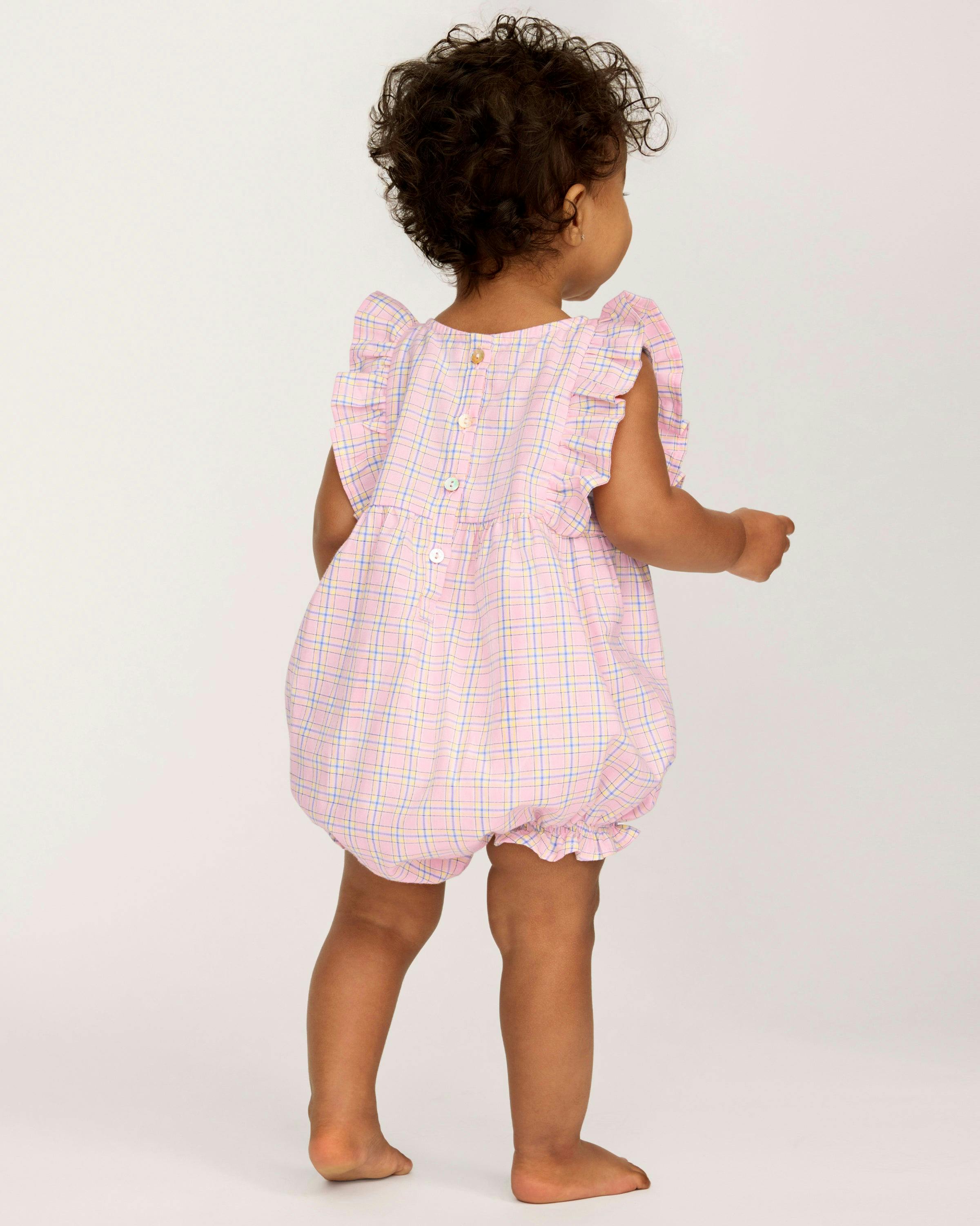 Baby's Twill Ruffled Romper in Peony Plaid