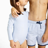girls powder blue stripe rashguard one piece