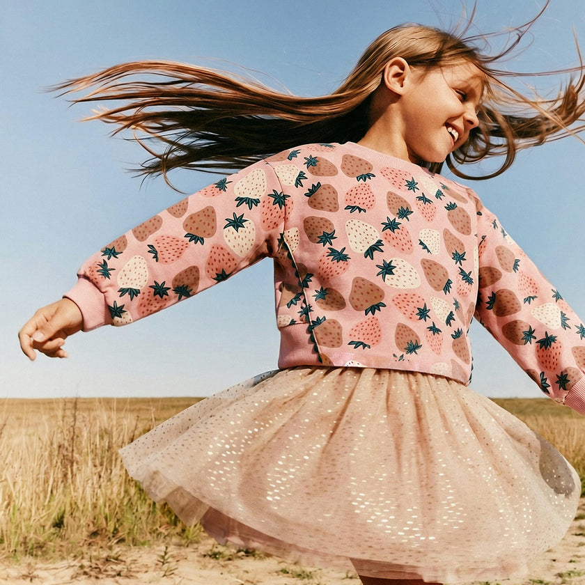 Bi-Material Dress Pink Strawberry Print